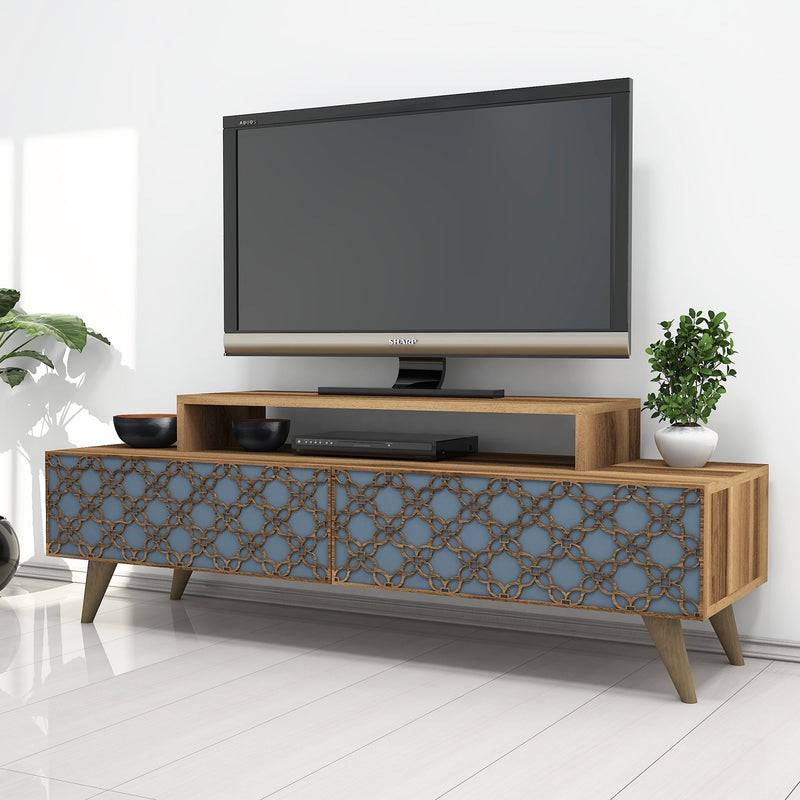 Porta tv in legno colore noce 2 ante decorate intagliate cm 140x42x49h
