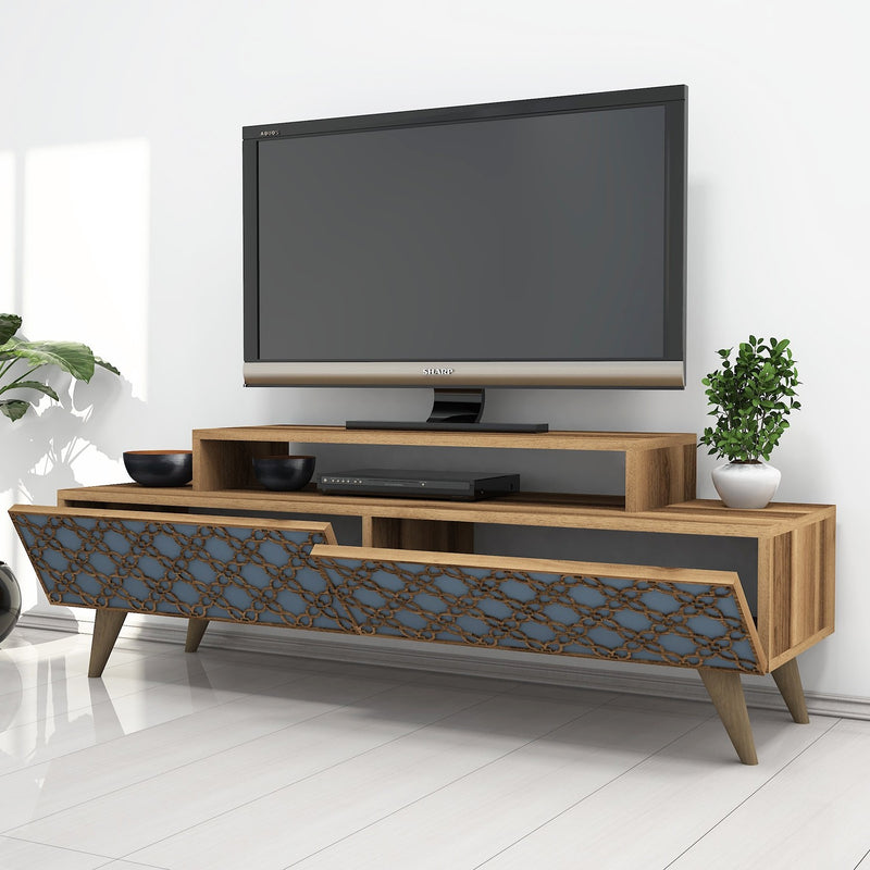 Porta tv in legno colore noce 2 ante decorate intagliate cm 140x42x49h