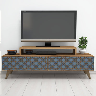porta tv stile vintage in legno colore noce vanio e 2 ante decorate con arabeschi intagliati