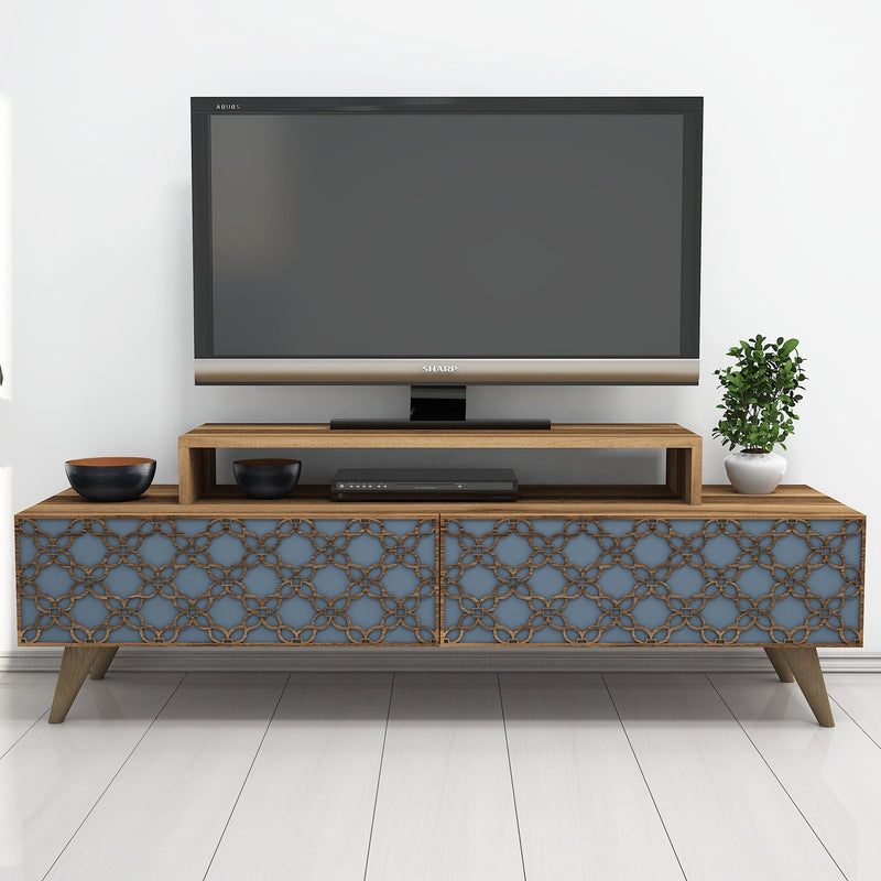 porta tv stile vintage in legno colore noce vanio e 2 ante decorate con arabeschi intagliati