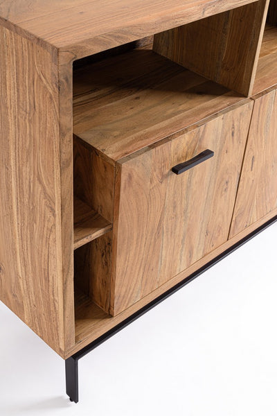 Credenza industriale in legno di acacia con LED e piedini in metallo nero cm 115x40x94h