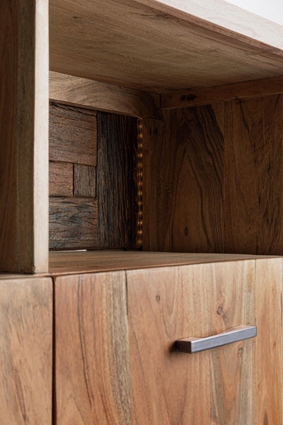 Credenza industriale in legno di acacia con LED e piedini in metallo nero cm 115x40x94h