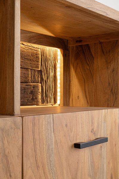 Credenza industriale in legno di acacia con LED e piedini in metallo nero cm 115x40x94h