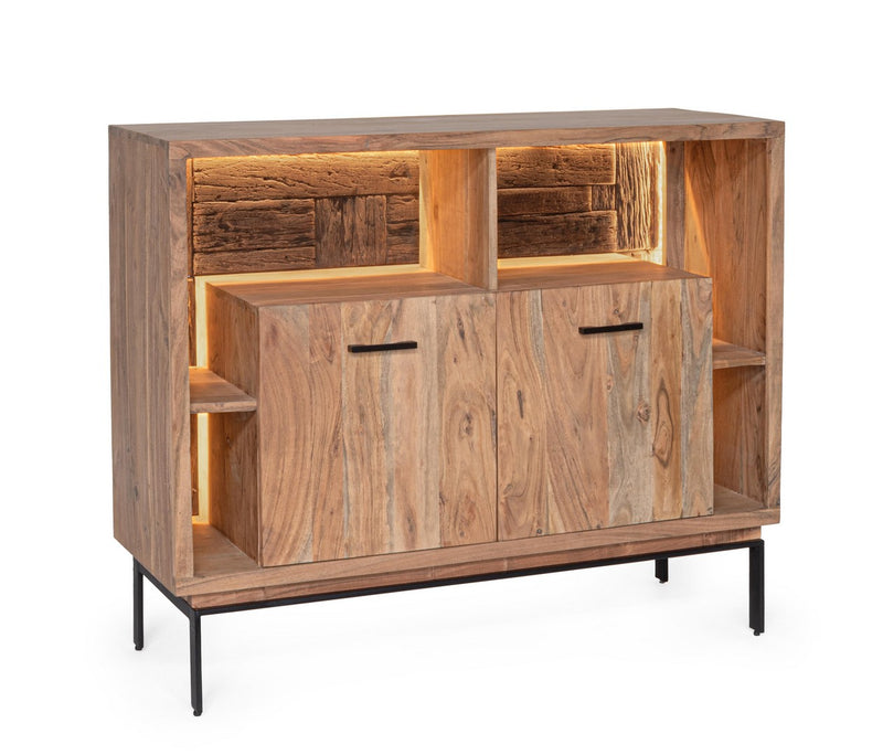 Credenza industriale in legno di acacia con LED e piedini in metallo nero cm 115x40x94h