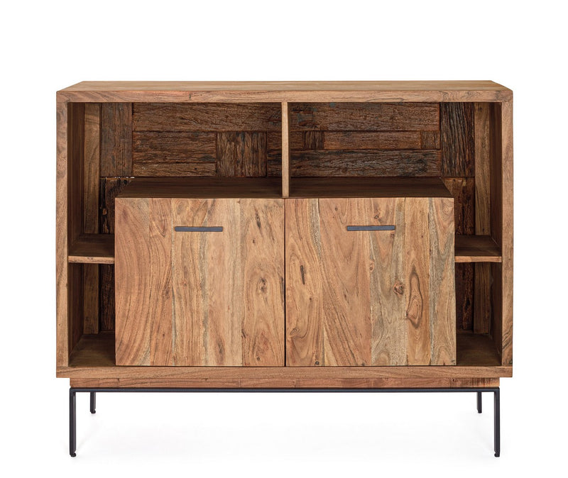 Credenza industriale in legno di acacia con LED e piedini in metallo nero cm 115x40x94h