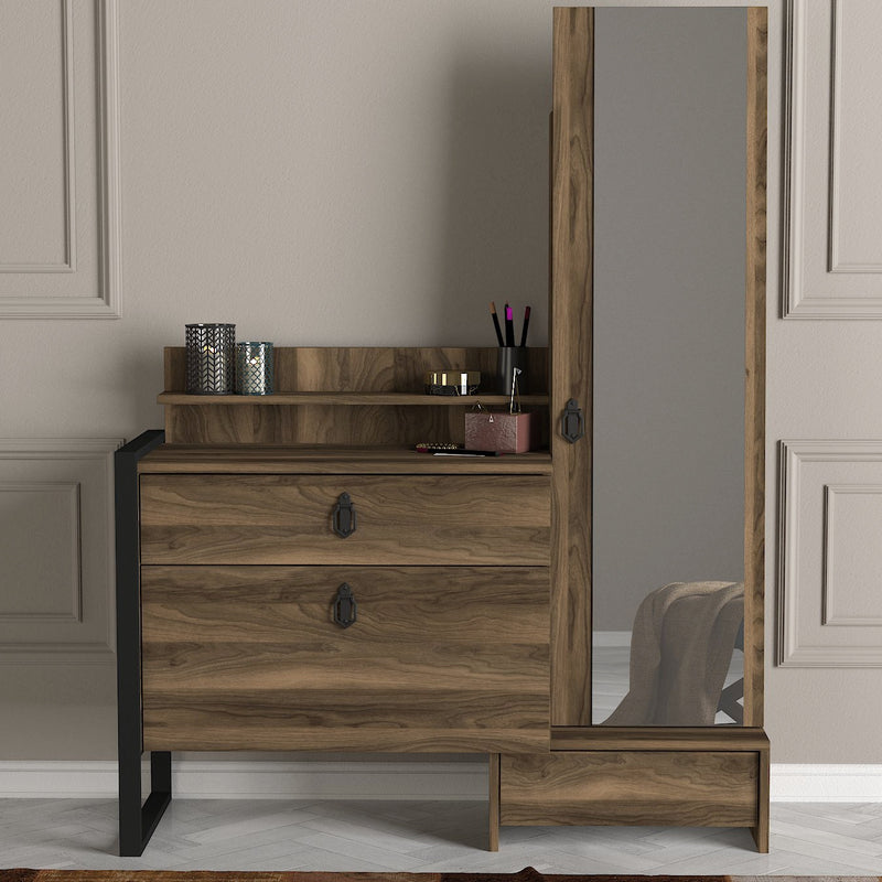 mobile cassettiera toilette da trucco con armadietto e specchio in legno colore noce