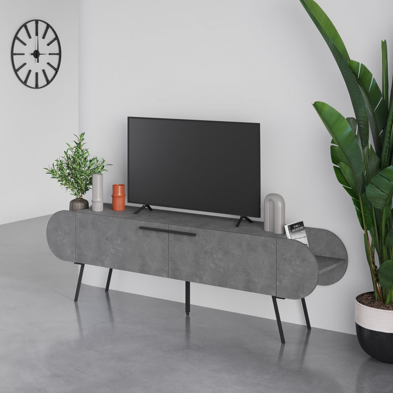 Mobile tv design forma ovale con ante e ripiani colore cemento cm 195x37x57h