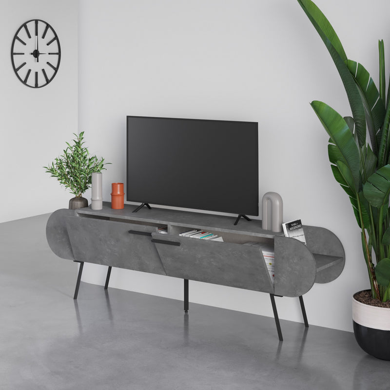 Mobile tv design forma ovale con ante e ripiani colore cemento cm 195x37x57h