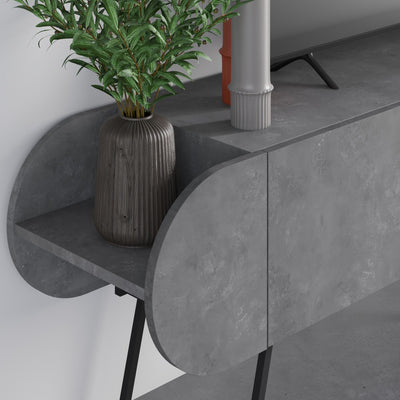 Mobile tv design forma ovale con ante e ripiani colore cemento cm 195x37x57h