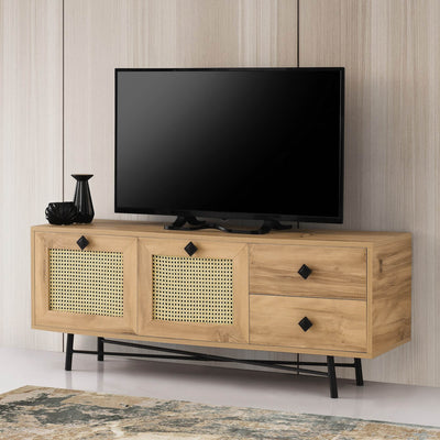 Porta tv soggiorno 2 cassetti e 2 ante a ribalta in legno naturale cm 140x40x60h