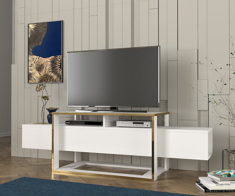 Mobile tv bianco opaco con profili oro lucido con lati contenitori cm 160x46x50h