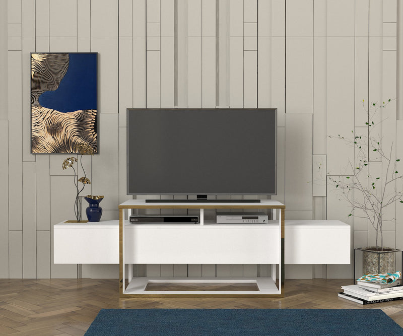 Mobile tv bianco opaco con profili oro lucido con lati contenitori cm 160x46x50h