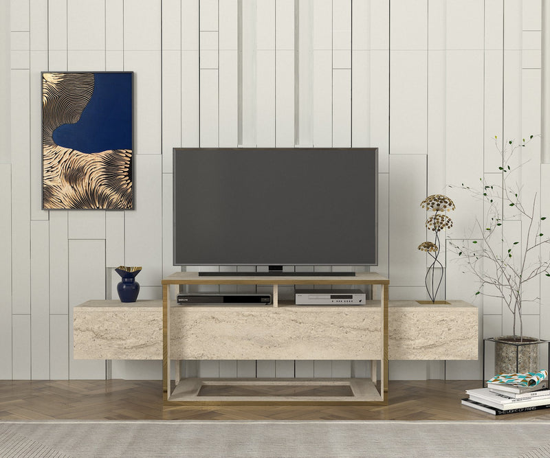 Mobile tv moderno colore travertino rettangolare con lati contenitori cm 160x46x50h