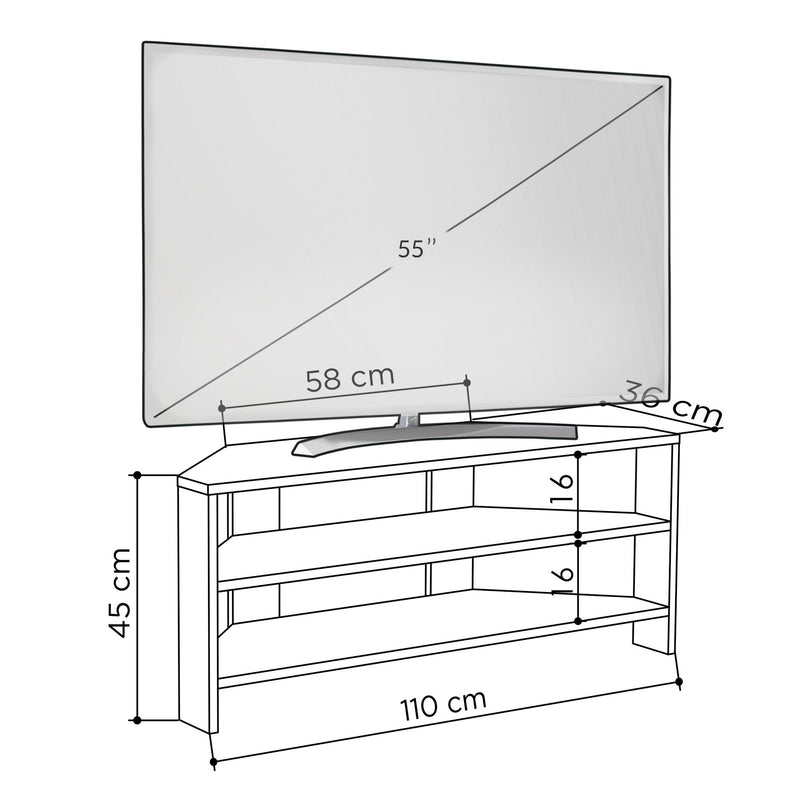 Porta tv ad angolo con 2 ripiani in legno design moderno cm 114x36x45h