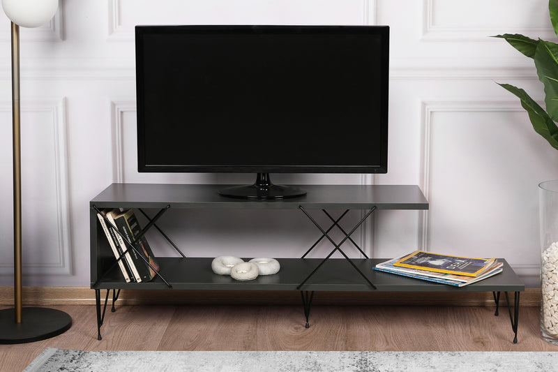 porta tv moderno basso design minimal in legno colore antracite inserti in metallo