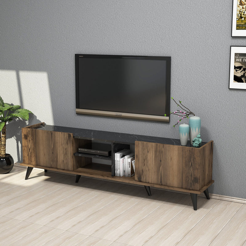 Porta tv moderno 2 ante e 3 vani colore noce top marmo nero cm 180x34x52h