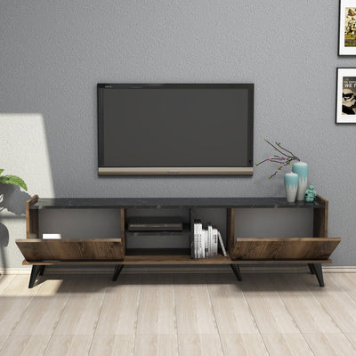 Porta tv moderno 2 ante e 3 vani colore noce top marmo nero cm 180x34x52h