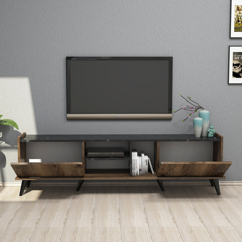 Porta tv moderno 2 ante e 3 vani colore noce top marmo nero cm 180x34x52h