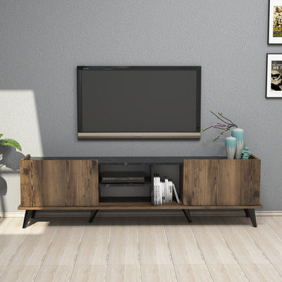 porta tv moderno da cm 180 2 ante a ribalta e vani centrali in legno finitura noce e top marmo nero