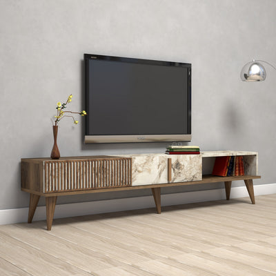 Mobile porta tv moderno in legno noce e marmo bianco cm 180x35x40h