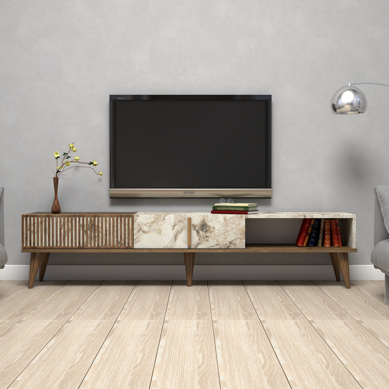mobile tv in legno noce e marmo bianco con 2 ante e vano