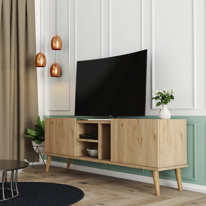Porta tv moderno con 2 ante a ribalta e 3 vani colore quercia cm 150x34x55h