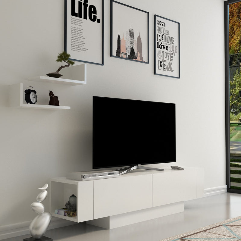 Mobile tv moderno con 2 ante vani laterali a giorno e 2 mensole bianco opaco