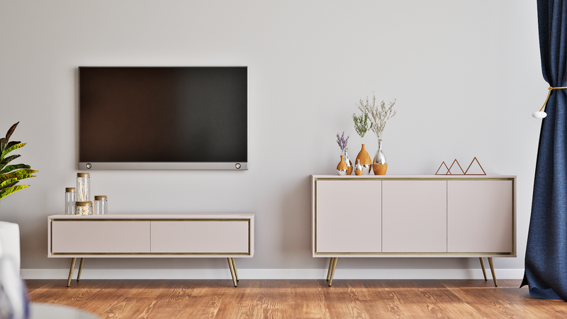 Mobile tv moderno colore cashmere con piedi oro cm 150x40x40h