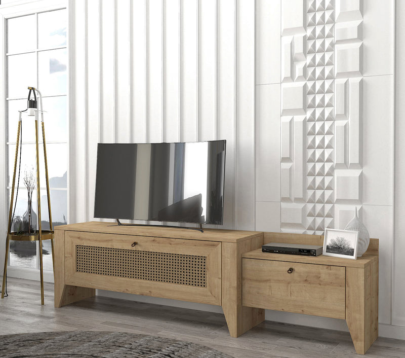 Mobile tv con piano porta oggetti e ante legno colore legno naturale cm 180x29x50h