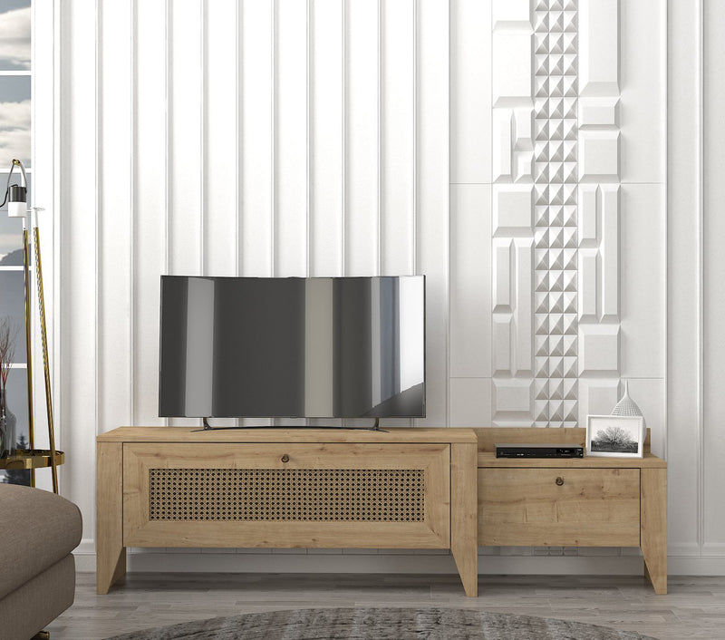 Mobile tv con piano porta oggetti e ante legno colore legno naturale cm 180x29x50h