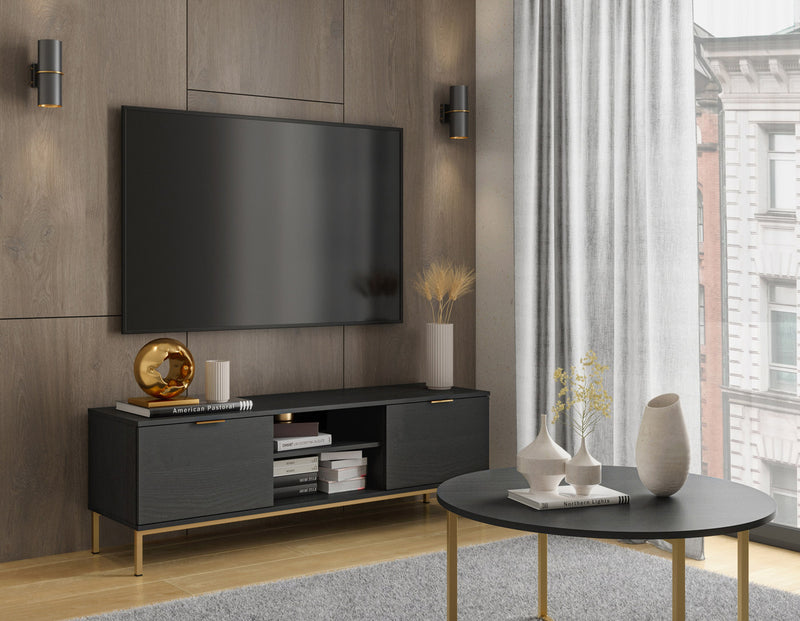 Porta tv moderno colore frassino nero e oro 2 ante e 2 vani cm 150x41x50h