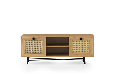 Mobile tv con 2 ante effetto rattan colore rovere chiaro e gambe nere cm 140x40x60h