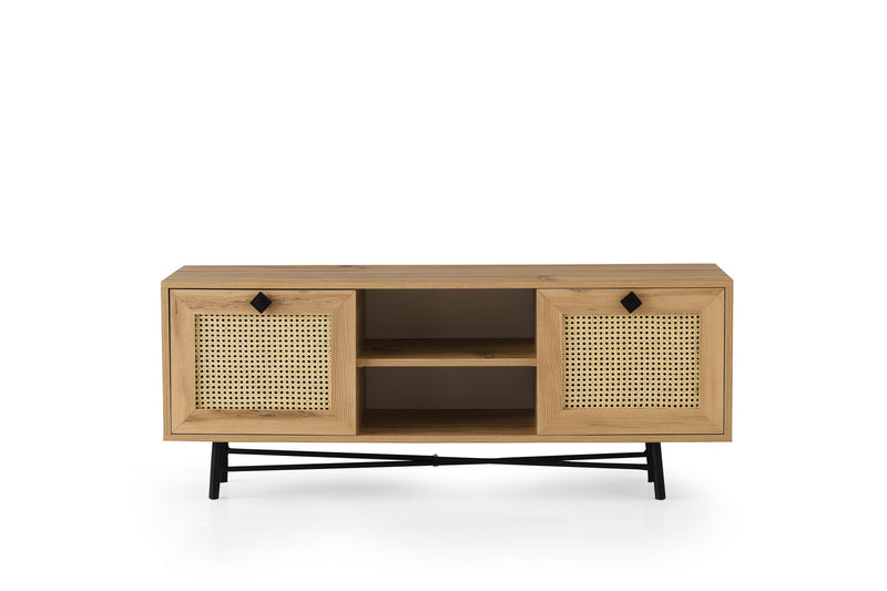 Mobile tv con 2 ante effetto rattan colore rovere chiaro e gambe nere cm 140x40x60h
