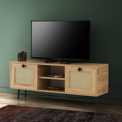 Mobile tv con 2 ante effetto rattan colore rovere chiaro e gambe nere cm 140x40x60h