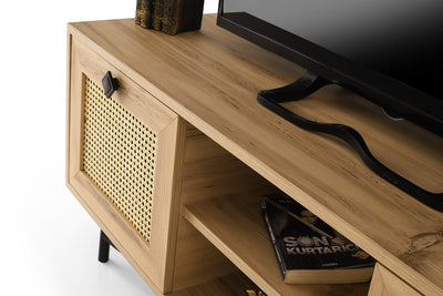 Mobile tv con 2 ante effetto rattan colore rovere chiaro e gambe nere cm 140x40x60h