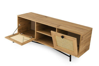 Mobile tv con 2 ante effetto rattan colore rovere chiaro e gambe nere cm 140x40x60h