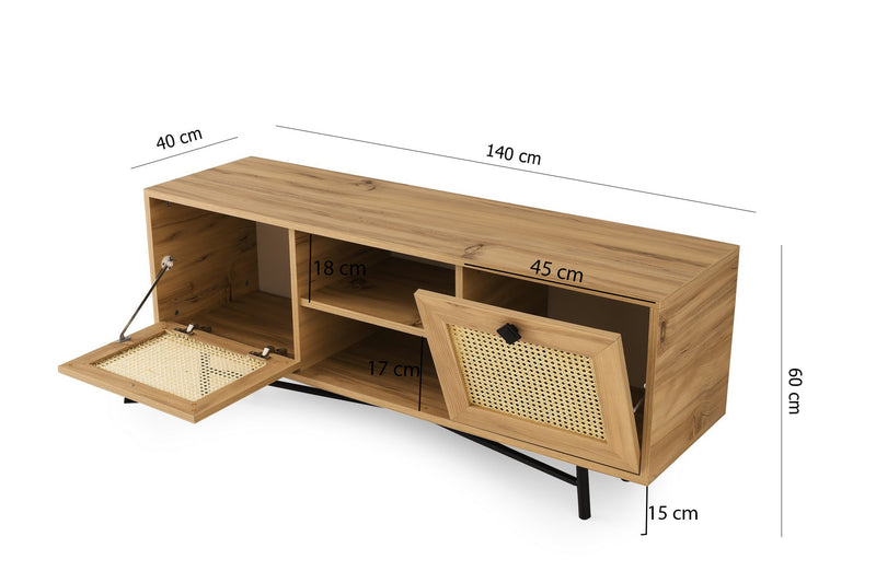 Mobile tv con 2 ante effetto rattan colore rovere chiaro e gambe nere cm 140x40x60h