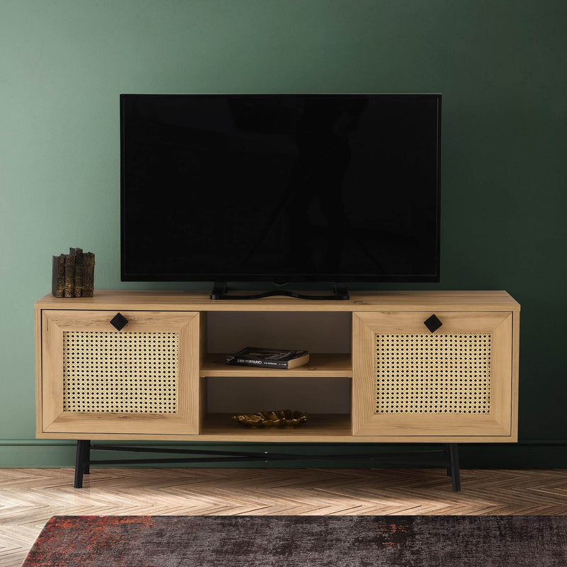 Mobile tv con 2 ante effetto rattan colore rovere chiaro e gambe nere cm 140x40x60h