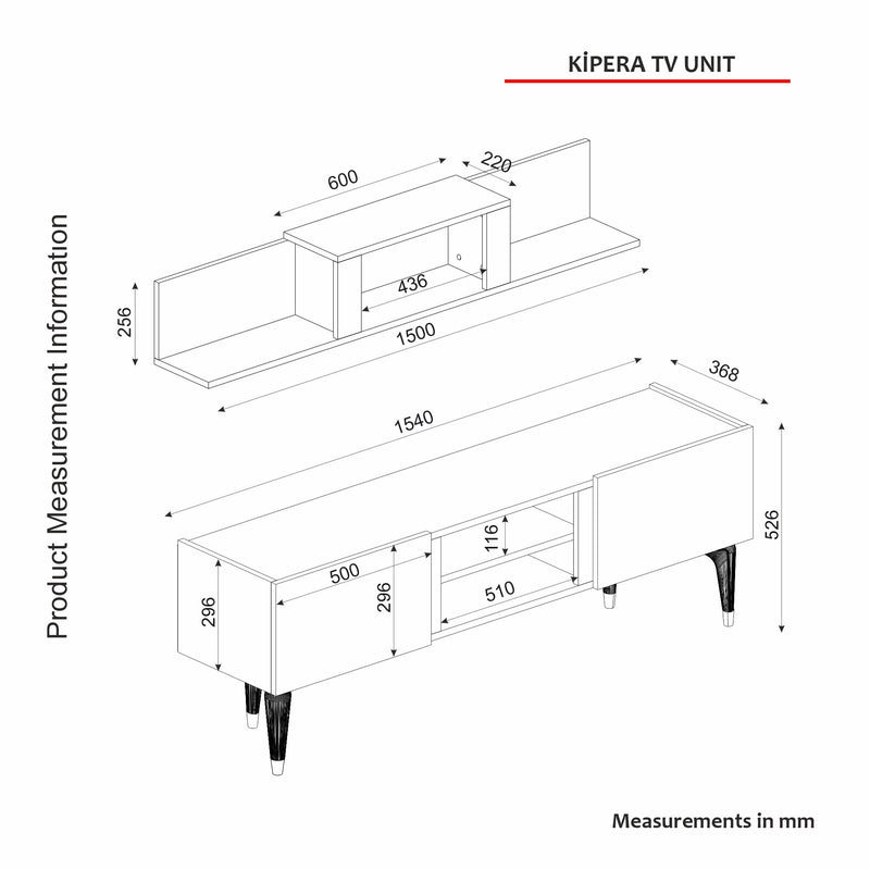 Parete attrezzata con mobile tv e mensola in legno naturale e nero opaco cm 154x37x53h