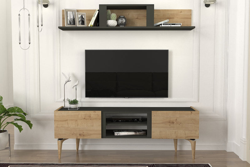 parete attrezzata con mobile porta tv e mensola colore legno naturale e nero