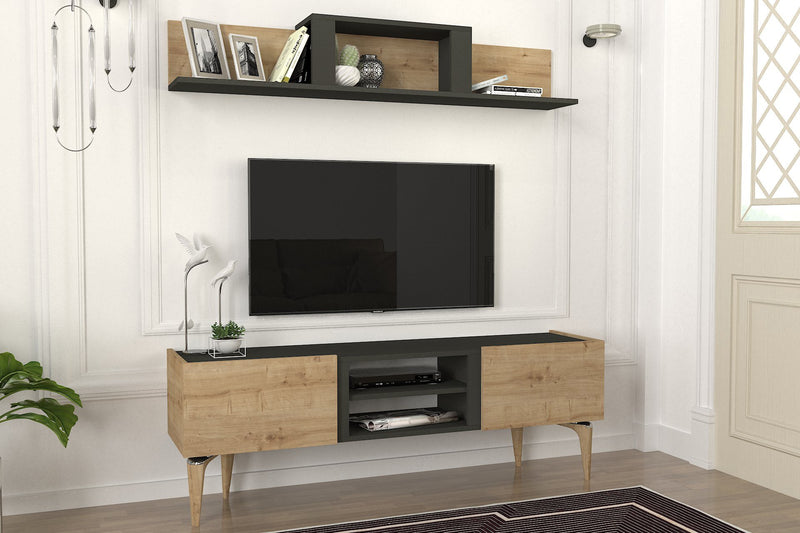 Parete attrezzata con mobile tv e mensola in legno naturale e nero opaco cm 154x37x53h
