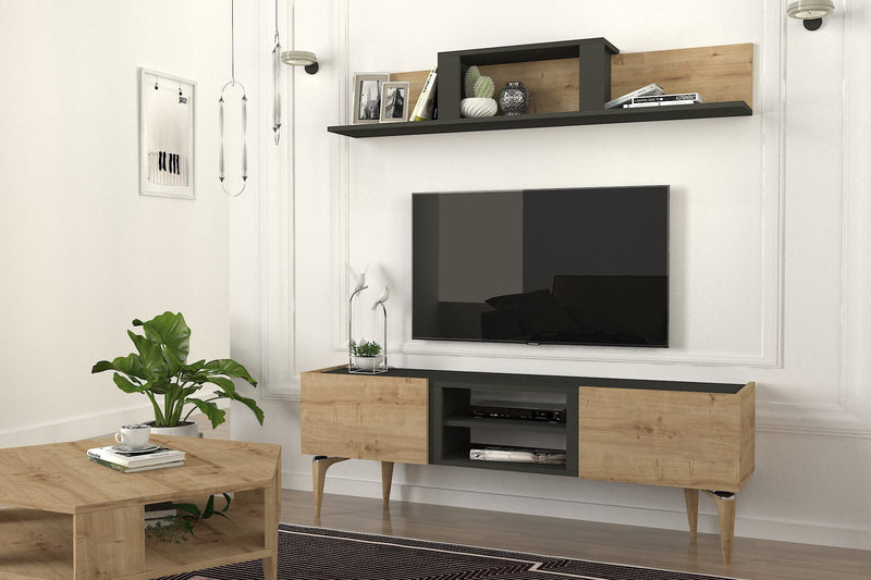 Parete attrezzata con mobile tv e mensola in legno naturale e nero opaco cm 154x37x53h