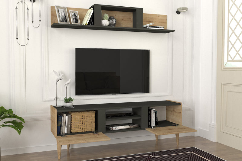 Parete attrezzata con mobile tv e mensola in legno naturale e nero opaco cm 154x37x53h