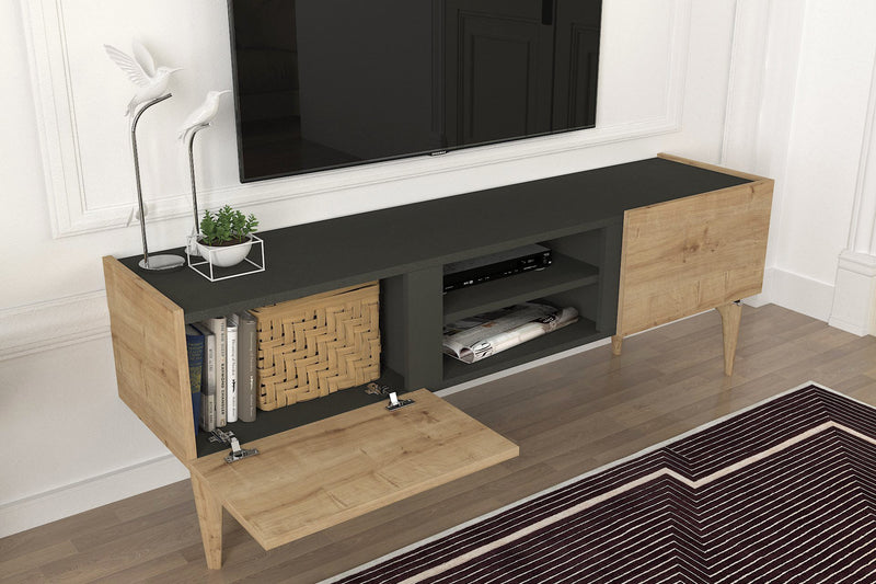 Parete attrezzata con mobile tv e mensola in legno naturale e nero opaco cm 154x37x53h