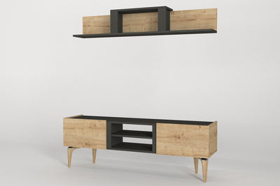 Parete attrezzata con mobile tv e mensola in legno naturale e nero opaco cm 154x37x53h