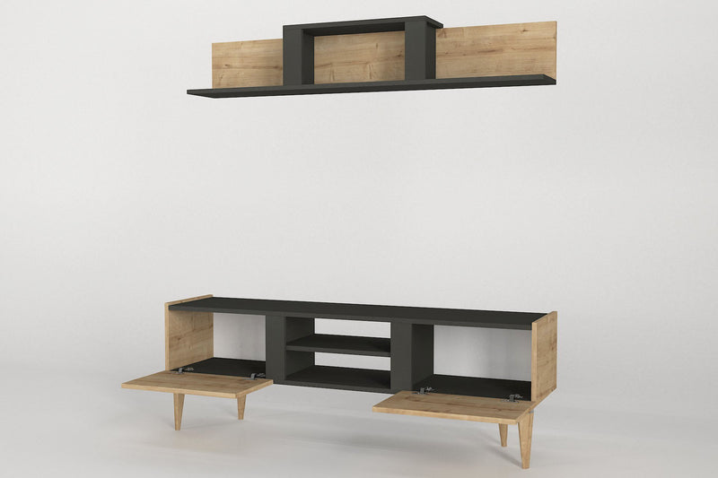 Parete attrezzata con mobile tv e mensola in legno naturale e nero opaco cm 154x37x53h