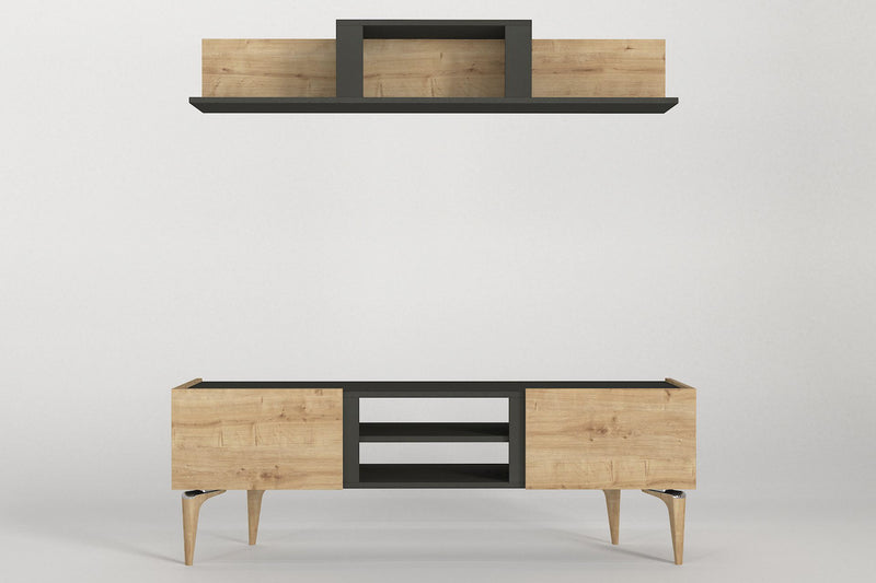 Parete attrezzata con mobile tv e mensola in legno naturale e nero opaco cm 154x37x53h