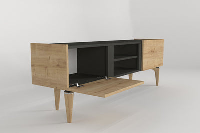 Parete attrezzata con mobile tv e mensola in legno naturale e nero opaco cm 154x37x53h