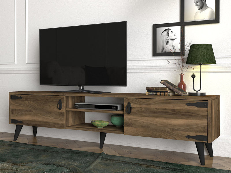 Mobile tv in legno noce con ante e vani stile vintage in legno noce cm 180x29x49h