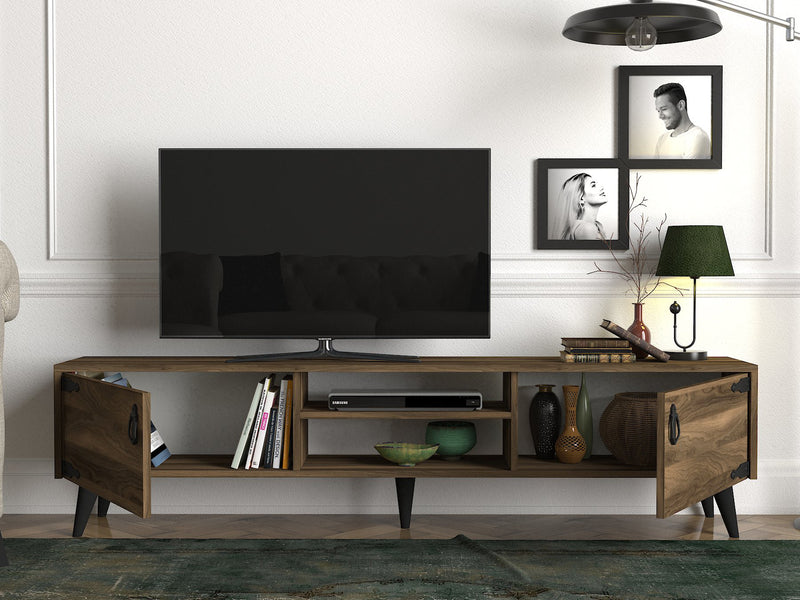 Mobile tv in legno noce con ante e vani stile vintage in legno noce cm 180x29x49h